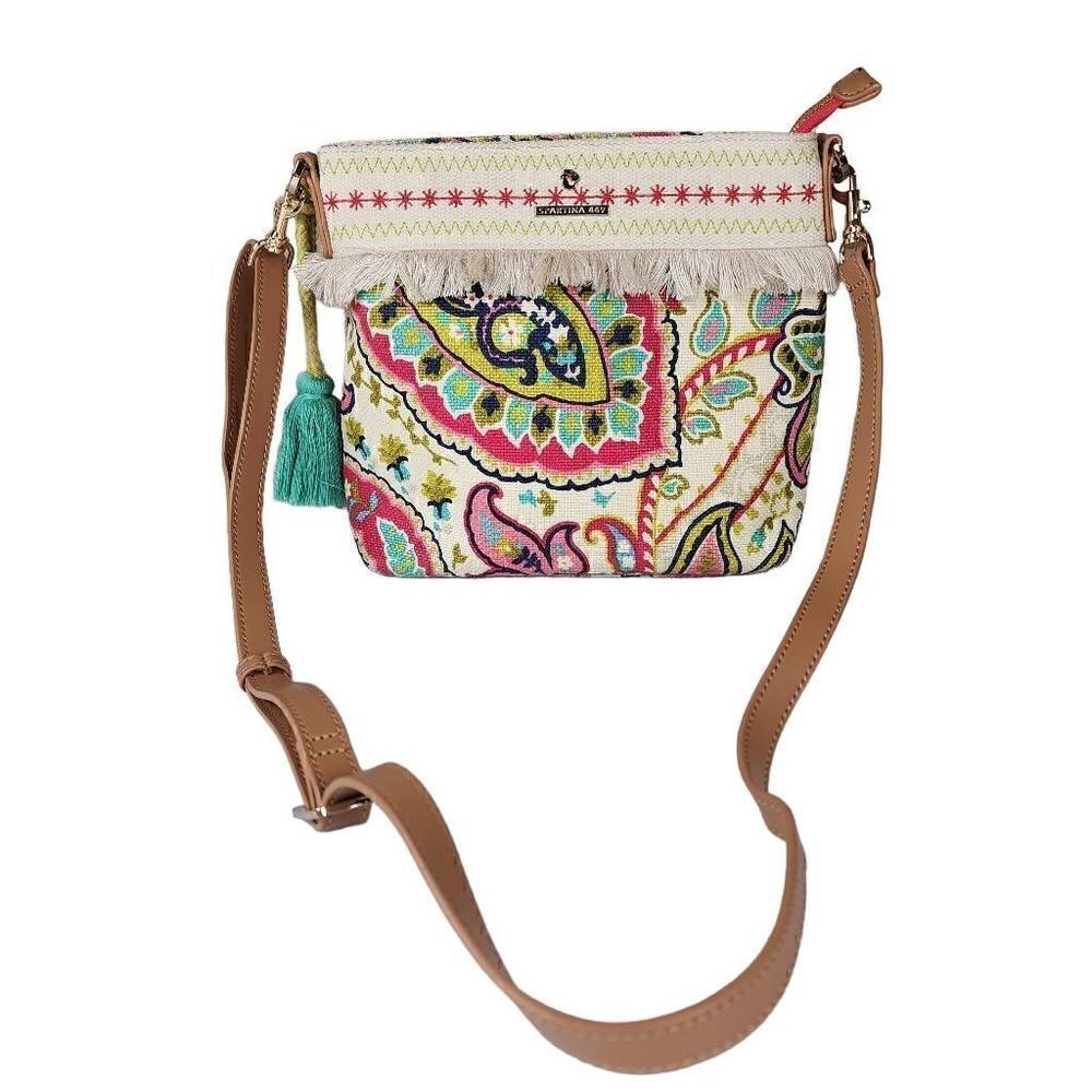 Spartina 449- Salt Meadow Boho Hipster Canvas Zip Top Tassel Crossbody Purse